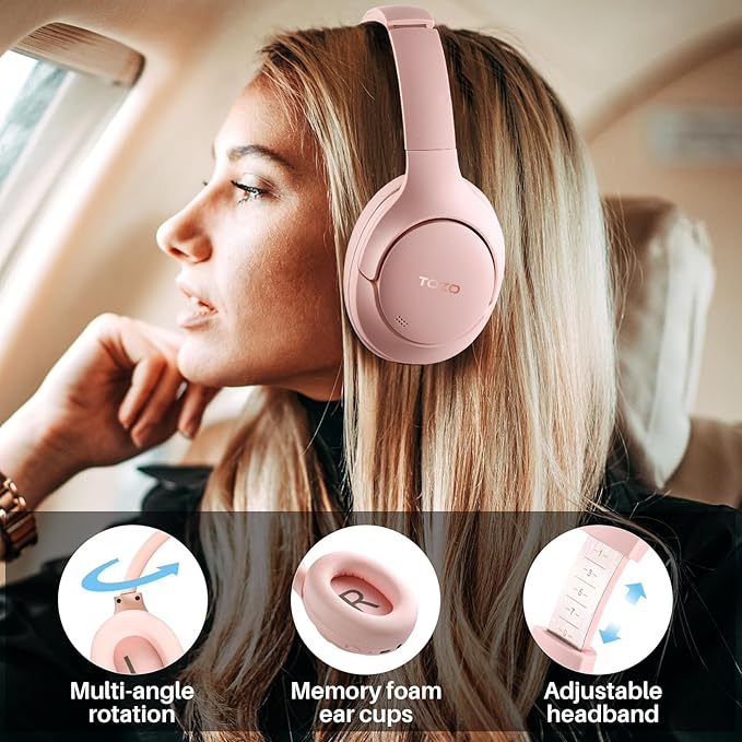 TOZO Hybrid Active Noise Cancelling Headphones, Wireless Over Ear Bluetooth Headset, 60H Playtime, Hi-Res Audio Custom EQ via App Deep Bass Comfort Fit Ear Cups, for Home Office Travel