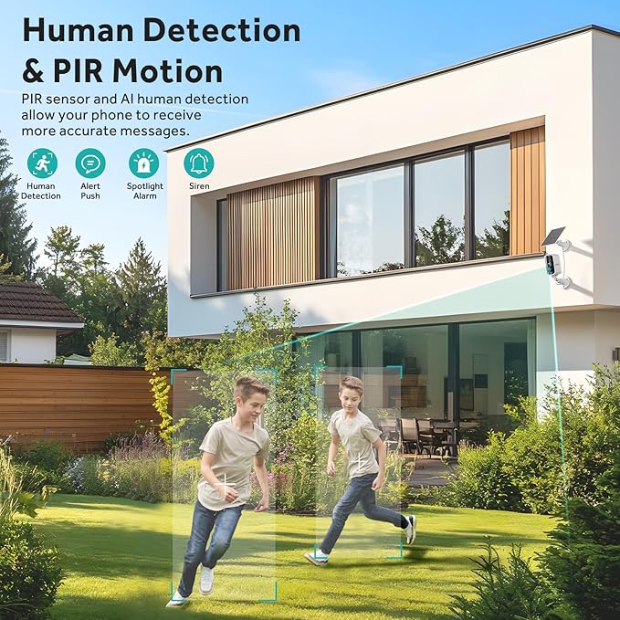 Noonkey 2 Pack Solar Security Camera Outdoor Wireless, 4MP HD Full Color Night Vision, 2.4/5GHz WiFi Home Security Camera with AI Motion Detection & Siren, 2-Way Audio, Alexa, No Wiring, Weatherproof
