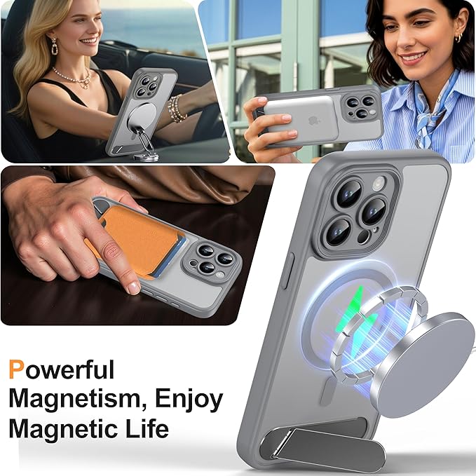 Magnetic Compatible with iPhone 15 Pro Max Case, [Built-in Kickstand][Full Camera Protection][Compatible with MagSafe][Anti-Fingerprint] Shockproof Phone Case for iPhone 15 Pro Max 6.7",Grey
