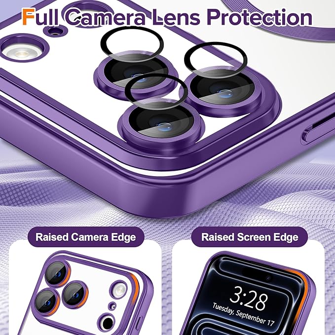 Hython Magnetic Clear for iPhone 17 Pro Case with Camera Lens Protector [Compatible with MagSafe] Luxury Plating Edge Slim Soft TPU Cover Protective Phone Case for iPhone 17 Pro 6.3", Matte Purple