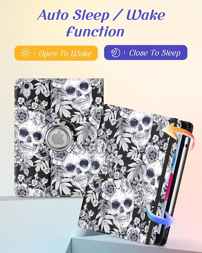 Kidcube for iPad 10th Generation Case 2022, for iPad (A16) Case 11th Generation 2025 - for Women Girls Cute Rotating Stand Folio Cover with Pencil Holder & Card Slot Flowers Goth Skull Design Cases
