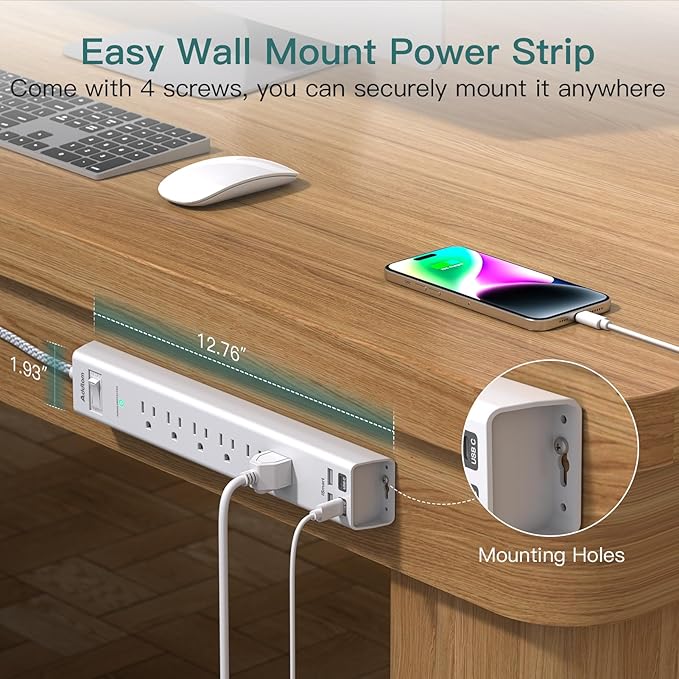 Addtam Power Strip Surge Protector - 15ft Long Extension Cord with 6 Outlets and 4 USB Ports (2 USB C), Ultra Flat Plug Wall Mount, Heavy Duty Charging Station for Home Office Dorm
