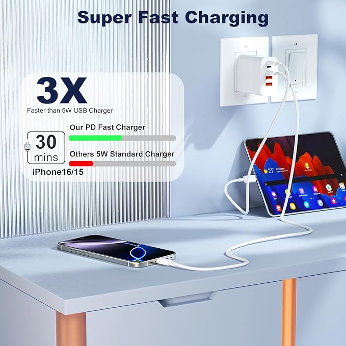 USB C Charger Block, 5 in 1 60W Charging Blocks, PD 3.0 25W Single Max Fast Charger, QC 2A USB Wall Charger for iPhone 17 16 15 14 13 12 Pro Max, iPad, iPod, Samsung, AirPods Pro, Apple Watch Series