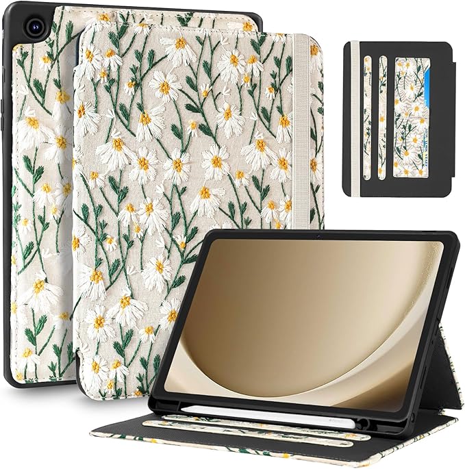 Uppuppy for Samsung Galaxy Tab A9 Plus Case 11'' - Women Girls Cute Embroidered Folio Stand Cover with Pencil Holder & Card Slot Girly White Daisy Flower Design Aesthetic Cases for Samsung Tab A9 Plus