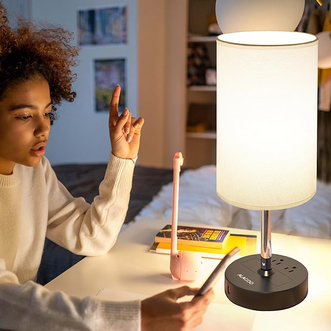 Small Bedside Table Lamp for Bedroom - 3 Way Dimmable Touch Lamp with USB Charging Station and AC Outlet, Wood Base & Fabric Linen Lampshade for Office, Living Room, Dorm, Black-White, (LED Included)