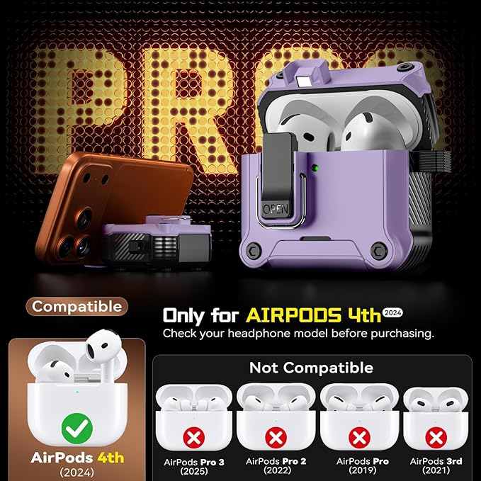Inesore Compatible with AirPods 4 Generation Case,Secure Lock & Phone Stand Design,Compatible with MagSafe,Automatic Snap Switch Secure Cover for New AirPods 4th (2024)-Purple