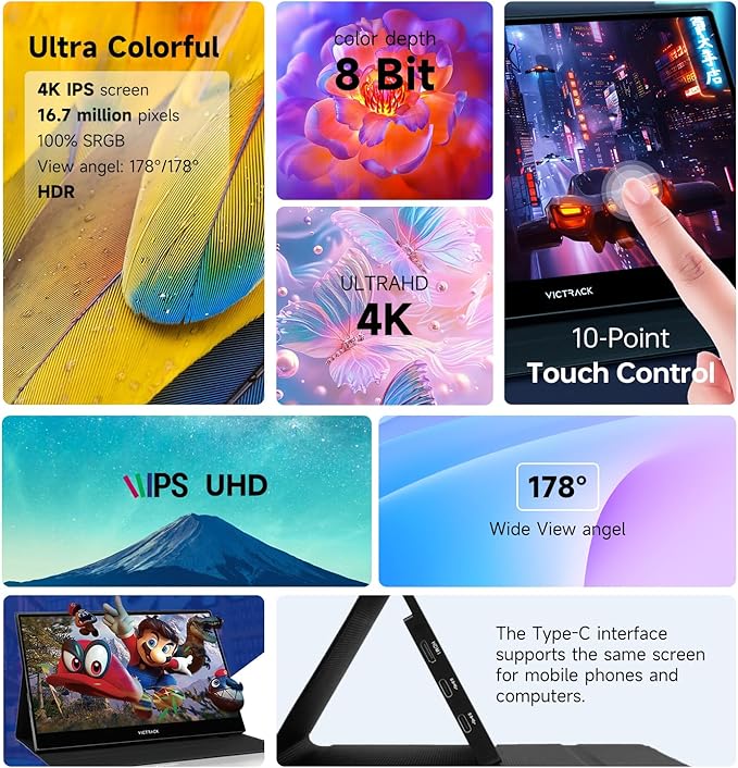 Victrack 4K Touchscreen Pro Gaming Portable Monitor, 13.3" Ultra UHD (3840*2160), for handheld gaming pc, style as ASUS Rog Ally, Lenovo Legion go, 100% RGB IPS Display HDR Travel Monitor Smart Cover