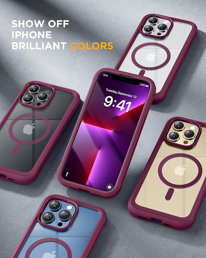 Miracase Magnetic for iPhone 13 Pro Max Case 6.7 inch, (Compatible with MagSafe) Upgrade Full-Body Clear Phone Bumper Case with Built-in 9H Tempered Glass Screen Protector, Magnetic Wine Red