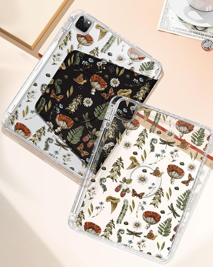 Shorogyt for iPad Air 13 Inch(M4) 2026/ M3 2025 & M2 2024 /for i Pad Pro 12.9 inch (3/4/5/6th Gen) for Magnetic Stand for Women - Cute Design 360 Rotating Covers Girls with Pencil Holder, Mushroom