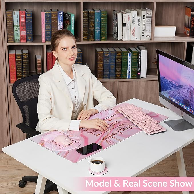 Large Mouse Pad and Keyboard Wrist Rest + Desk Mat Set,Full Long Mouse Pads for Desk Accessories with Memory Foam Gel Pink Mousepad for Women Computer Desktop Office Work-Rose Gold & Pink