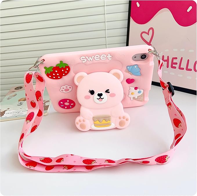 for iPad mini 6/7 Case for Girls- 8.3 inch iPad mini 7th Generation A17 pro Soft Silicone Cover with Pencil Holder,Shoulder Strap & Stand for School,Cute Bear Strawberry Gift for Teen Kids