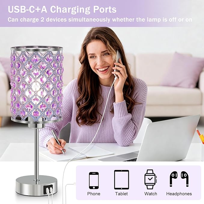 GyroVu Purple Crystal Table Lamps Set of 2, Dimmable Touch Control Bedside Lamps with USB C+A Ports, Small Night Lights for Bedroom, Living Room, Girls Room, Home Office, Bulbs Included