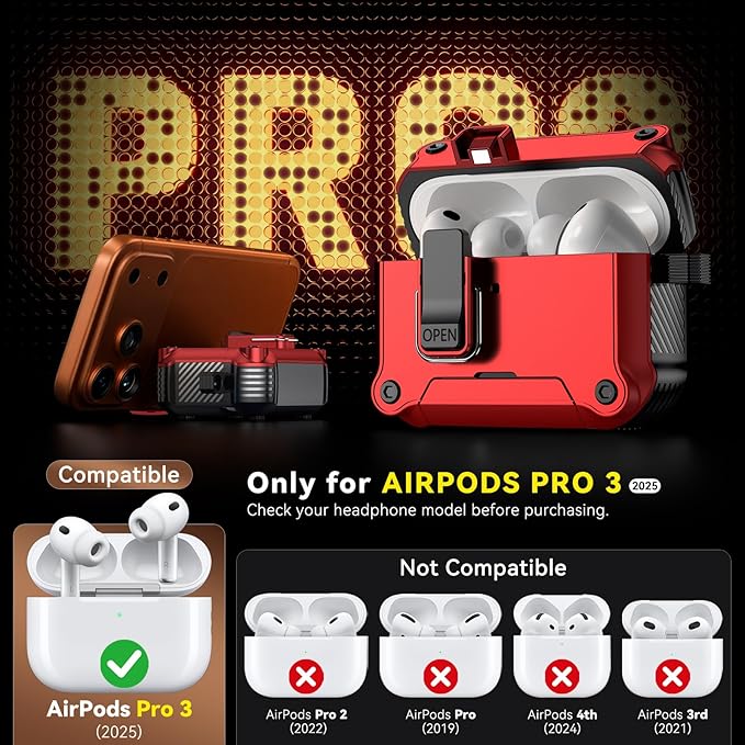 Inesore Compatible with AirPods Pro 3 Generation Case,Secure Lock & Phone Stand Design,Compatible with MagSafe,Automatic Snap Switch Secure Cover for New AirPods Pro 3rd (2025)-Red