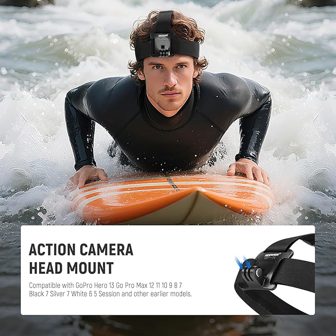 NEEWER Head Strap Mount Compatible with GoPro Hero 13 12 11 10 9 8 Black 7 Silver 7 White, Adjustable Head Mount Action Camera Accessories for POV Video Recording Cycling Surfing, GP-71