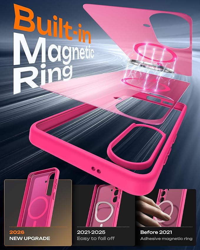 TOCOL for Samsung Galaxy S26 Case, Compatible with Magsafe, Full Camera Protection, Built-in Magnetic Ring, Drop Protection, Translucent Matte Phone Case for S26 6.3 inch (Hot Pink)