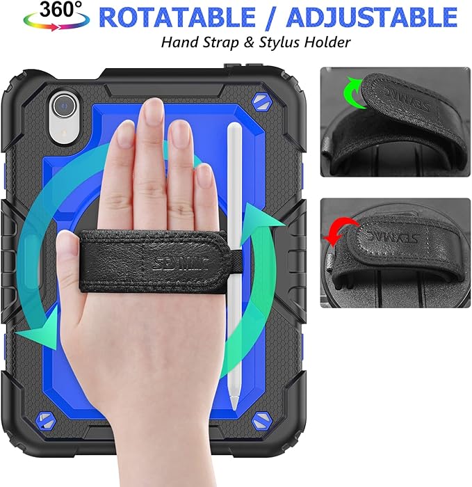 SEYMAC stock Case for iPad mini 7 (A17 Pro) 2024/ Mini 6 8.3'' with Screen Protector Pencil Holder [360 Rotating Hand Strap] &Stand, Drop-Proof Case for iPad mini 7th/6th Generation 8.3", Blue+Black