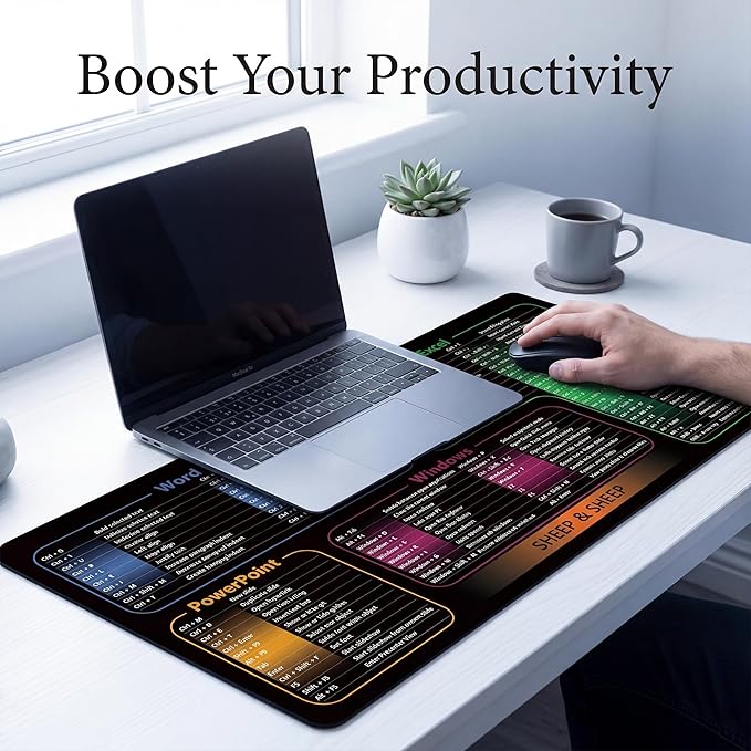 Excel Shortcut Keys Mouse Pad, Extended Large Desk Mat (31.5x11.8 Inch) with Non-Slip Base & Washable Surface for Gaming, Computer, Office Desk