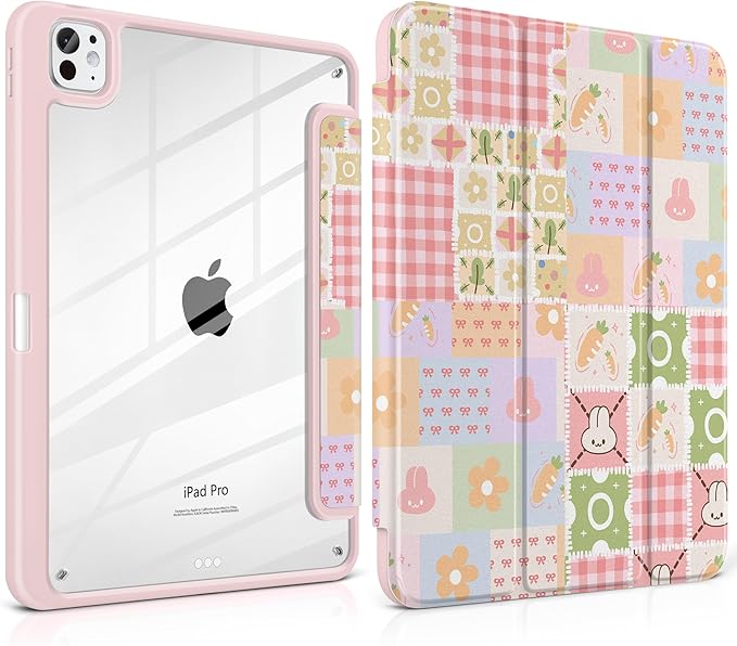 Case for iPad Pro 13 inch (M5) 2025 (M4) 2024 Release Slim Lightweight Cute Light Pink Cover with Clear Back TPU Edge Pencil Holder Trifold Stand, Cute Bunny