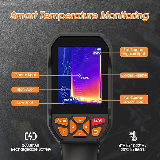Thermal Imaging Camera 256 x 192 IR Resolution,512 x 384 Super Resolution Therma Camera,8 GB Storage & Video Recording, 1080P Visual Light Camera Handheld Infrared Thermal Imager with PC Analysis