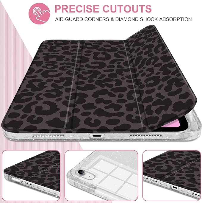 DONGKE for iPad Pro 11 inch Case – Fits M5 2025 / M4 2024, Shockproof Sparkling Glitter Acrylic Back, Pencil Holder, Trifold Stand, Auto Sleep/Wake & Touch ID Support - Black Leopard