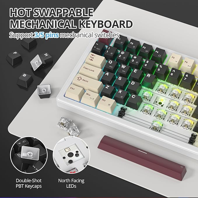 75% Black Creamy Mechanical Keyboard Wired, Creamy Sound Gasket Gaming Thocky Keyboard with Knob, Hot Swappable RGB Custom Keyboard, Pre-lubed Cream Switch Keyboard (82 Roman)