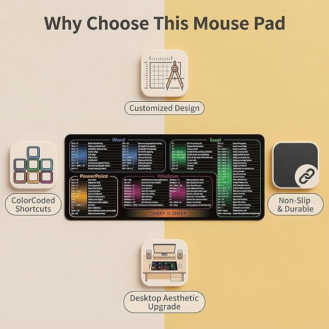 Excel Shortcut Keys Mouse Pad, Extended Large Desk Mat (31.5x11.8 Inch) with Non-Slip Base & Washable Surface for Gaming, Computer, Office Desk