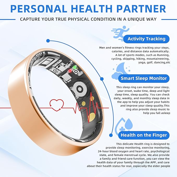 Smart Ring Health Tracking, Sleep Tracking, Heart Rate, Blood Oxygen, Blood Pressure，Fitness Ring, Activity Monitoring, 5 Days Battery, 5ATM Waterproof, No Subscription (Gold, 6#)