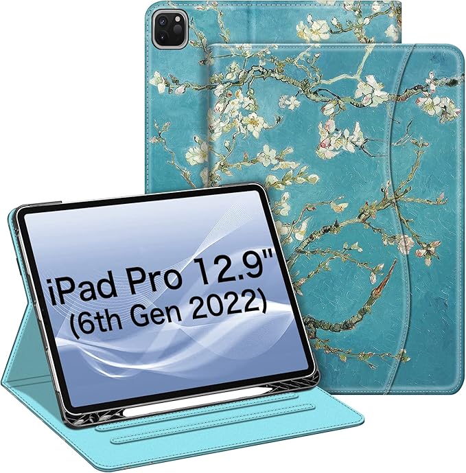 Fintie Folio Case for iPad Pro 12.9" 6th Generation 2022, Multi-Angle Smart Stand Cover w/Pencil Holder & Pocket, Also Fit iPad Pro 12.9 2021 5th & 2020 4th & 2018 3rd Gen, Blossom