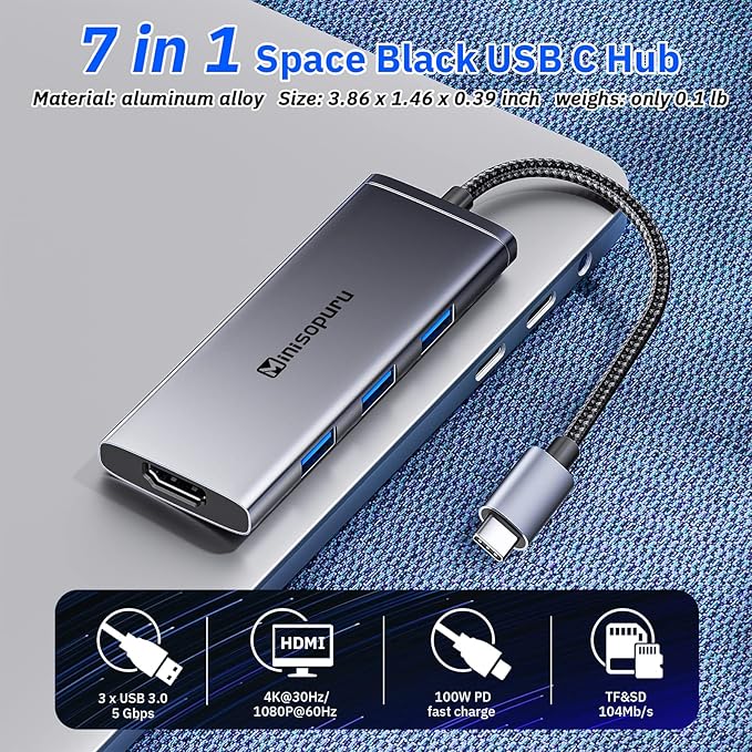 Minisopuru USB C Dock,7 in 1 USB C Hub Multiport Adapter with 4K HDMI,3X USB 3.0,100W Power Delivery,SD/TF Card Reader,USB C Adapter for MacBook Pro,Air,iPad Pro,Dell,XPS,HP,Lenovo and More…