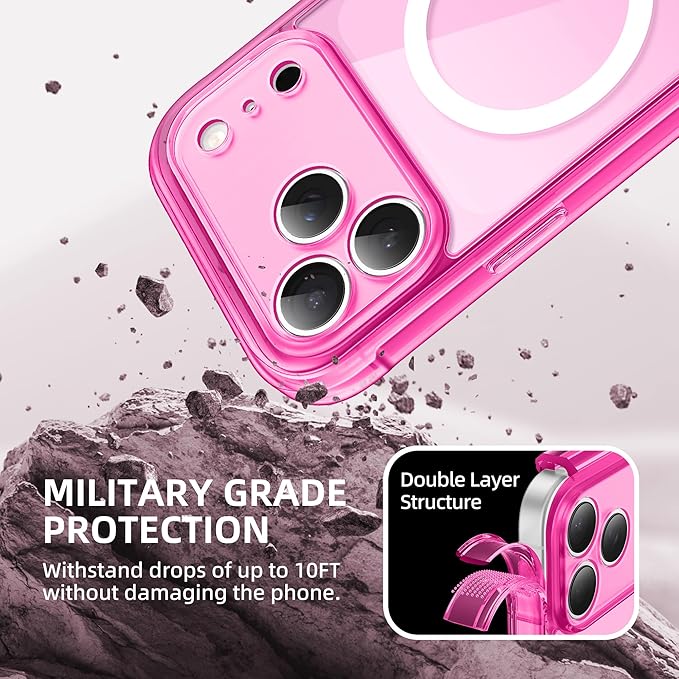 BERFY for iPhone 17 Pro Case, Compatible with MagSafe, Built-in Glass Screen Protector, Camera Protection, Shockproof Full Body Phone case 6.3", Clear Bright Pink