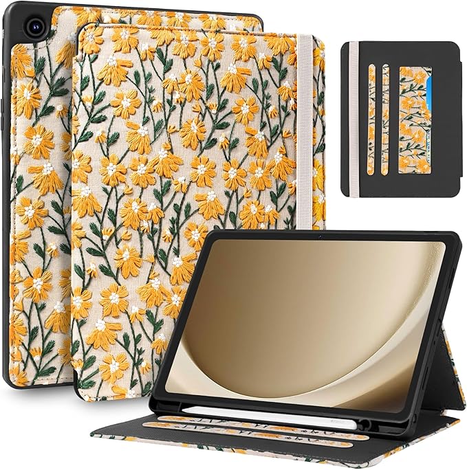 Uppuppy for Samsung Galaxy Tab A9 Plus Case 11'' - for Women Girls Cute Embroidered Folio Stand Cover with Pencil Holder & Card Slot Girly Yellow Daisy Design Aesthetic Cases for Samsung Tab A9 Plus