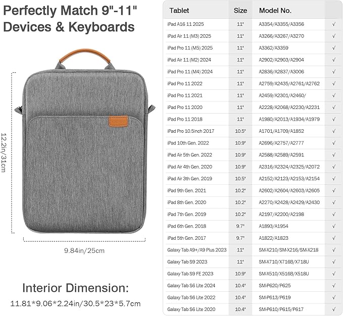 MoKo 9-11 Inch Tablet Sleeve Bag Handle Carrying Case with Shoulder Strap Fits iPad Pro/Air/A16 11 inch,iPad 10th 10.9,i-Pad 9/8/7th 10.2,iPadAir 5/4th 10.9,i-Pad 9.7,Tab S8/S9 11", Dark Gray