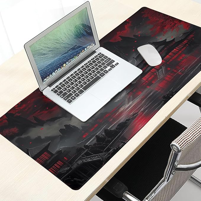 Japanese Mouse Pad Large Riverside Full Moon Desk Mat Black Red Mouse Pad Gaming 35.4"x15.7" Long Keyboard Pad Mouse Mat with Stitched Edges Non-Slip Base Computer Pc Desk Pad for Office Work Home