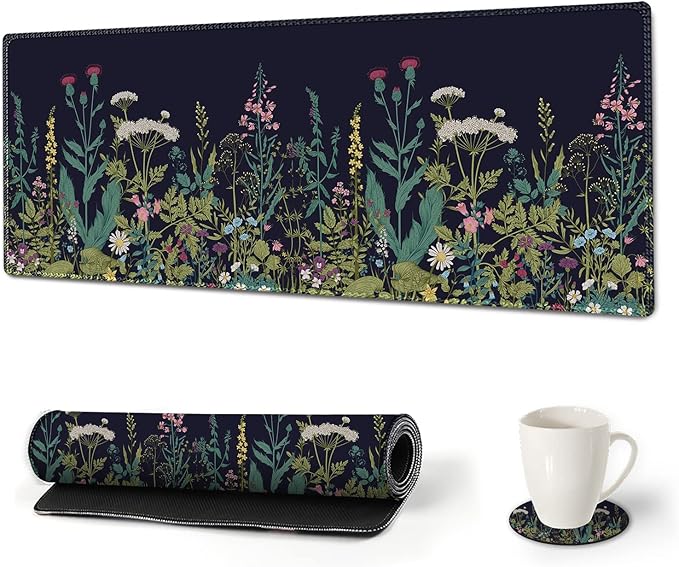 AIMSA Large Gaming Mouse Pad Extended Mouse Pad with Stitched Edge, Keyboard Mouse Mat Non-Slip Rubber Base Desk Pad 31.5x11.8 inch for Office Home Game Work, Flowers Plants
