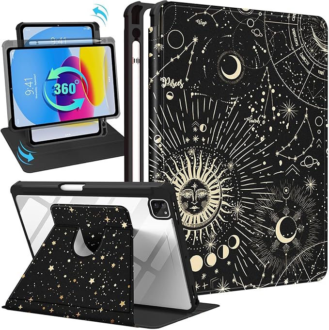 Uppuppy for iPad Air 11 inch Case, Air 5th/4th Generation 10.9, Pro 11'' Case Women Girls for Apple Pencil Holder Cute Sun and Moon Stars Rotating Folio Cover for iPad Air 5/4 (2022/2020)/Pro 11"