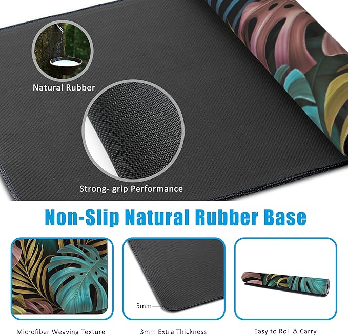 Colorful Tropical Palm Leaves Large Gaming Mouse Pad,Waterproof Desk Mat for Desktop,Non-Slip Rubber Base Mousepad with Stitched Edges for Laptop Office and Home 35.4X15.7 Inch