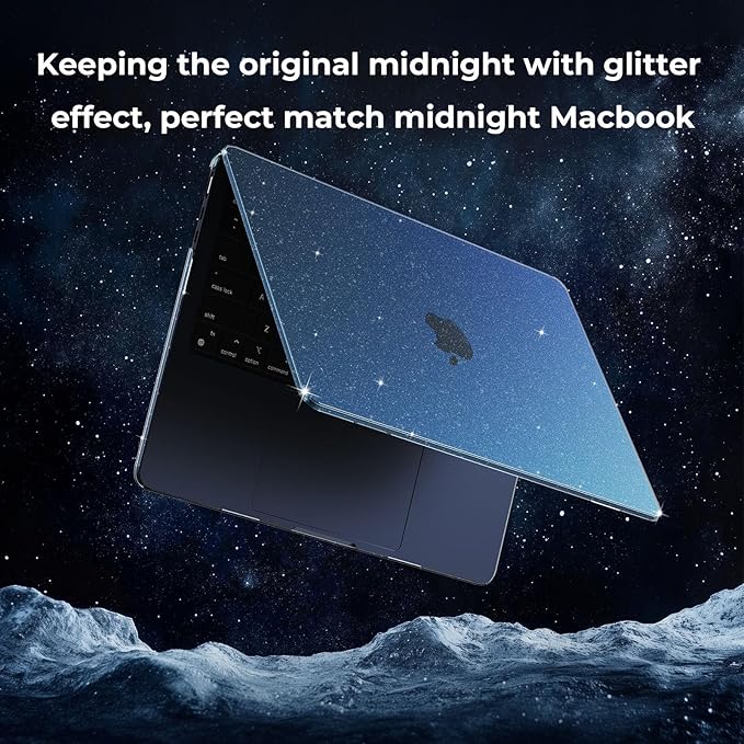 EooCoo Compatible with MacBook Air 13 inch Case M5 2026-2022 M4 M3 M2 Model A3449 A3240 A3113 A2681, Mac Air 13.6 inch Hard Shell & Keyboard Cover & Screen Film & Type-C, Sparkly Midnight