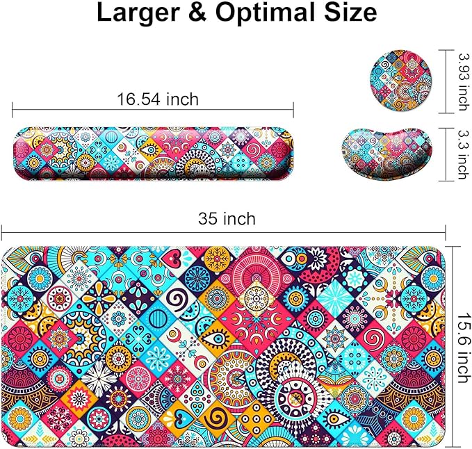 Keyboard Wrist Rest + Mouse Pad with Wrist Support + Desk Mat + Coaster 4 in 1 Set, XXL Large Gaming Mousepad Cute Ergonomic Mouse Pads for Desk Computer Laptop Office Decor-Mandala