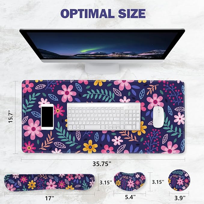 ToLuLu Extended Gaming Mouse Pad, Memory Foam Ergonomic Keyboard Mouse Wrist Rest Support Set, Large Desk Mat with Stitched Edges, Non-Slip Base Mousepad for Home Office Game Study, Purple Flowers