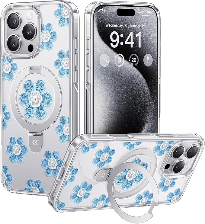 CASEKOO Floral Series Blue Flowers for iPhone 16 Pro Max Case with Magnetic Ring Stand [Compatible with MagSafe] [Military-Grade Protection] Fashion Clear Back, Soft Edge, for Women