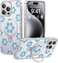 CASEKOO Floral Series Blue Flowers for iPhone 16 Pro Max Case with Magnetic Ring Stand [Compatible with MagSafe] [Military-Grade Protection] Fashion Clear Back, Soft Edge, for Women