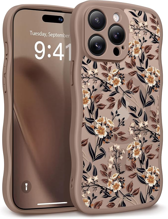 GVIEWIN for iPhone 15 Pro Max Case Compatible with MagSafe [Curly Wave Edge][Full Camera Protection] Floral Translucent Shockproof Magnetic Women Phone Case for 15 Pro Max 6.7'', Bunchflower/Brown