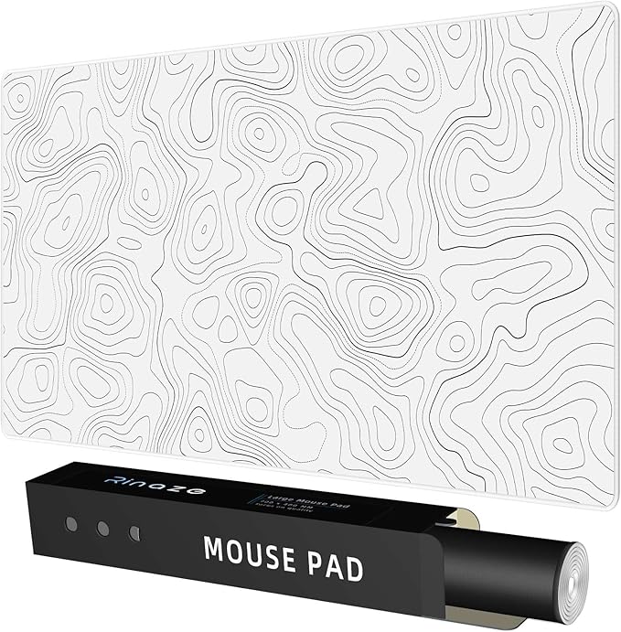 Rinaze Extra Large Gaming Mouse Pad with White Topographic, XXL Mousepad, Big Mouse Mat Desk Pad, Non Slip Keyboard Pad for Gaming Computer Laptop PC Office Desk Accessories