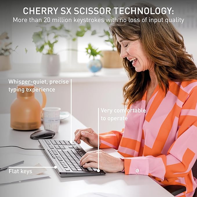 Cherry Stream Keyboard, Wired Keyboard for PC/Laptop, Whisper Quiet Silent Keys, Unique Typing Feel, Slim Design, SX Scissor Switches, USB-A, QWERTY, Black