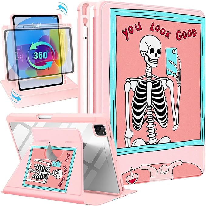Uppuppy for iPad Air 11 inch Case, Air 5th/4th Generation 10.9, Pro 11'' Case Women Girls for Apple Pencil Holder Cute Skull Skeleton Goth Rotating Folio Cover for Apple iPad Air 5/Air 4/Pro 11"