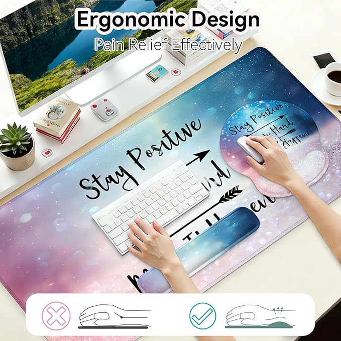 Desk Mat Set + Keyboard and Mouse Pad with Wrist Rest Support,4-in-1 Large Mousepad Computer Mats for Desktop Home & Office-Glitter Pink Blue