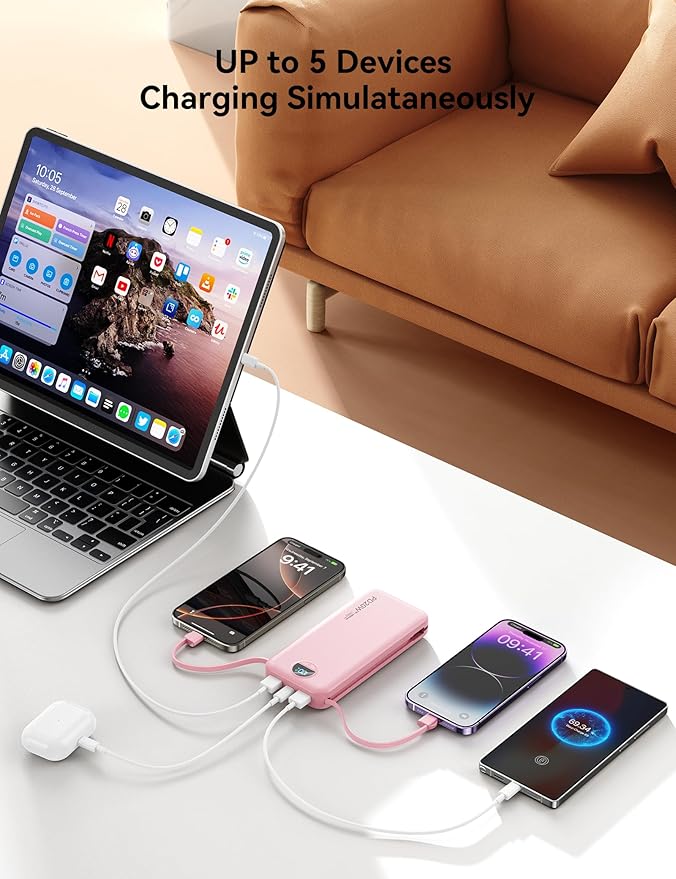 10000mAh Ultra-Portable-Charger-Power-Bank with Built in Cables&AC Wall Plug, PD20W USB-C Fast Charging Cell Phone Charger Battery Pack,LED Display Travel Battery Bank for All iPhone,Samsung,Android