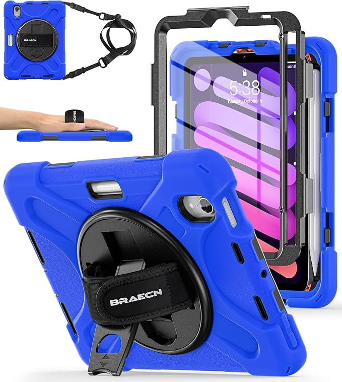 BRAECNstock Case for Apple iPad mini 7 (A17 Pro) 2024/ Mini 6 8.3" with Screen Protector, Pencil Holder, [360 Rotating Hand Strap] &Stand, Shockproof Protective iPad mini 7th/6th Gen Kids Case, Blue