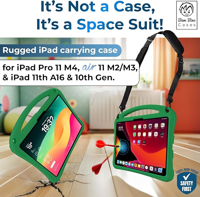 Bam Bino Space Suit, iPad Air 11Inch Case Kids (M2/M3/M4), iPad Pro 11inch (M4/M5), i-Pad A16(11th Gen), iPad 10thGeneration, Built-in Screen Protector, Handle, Kick Stand, Shoulder Strap (Mint Green)
