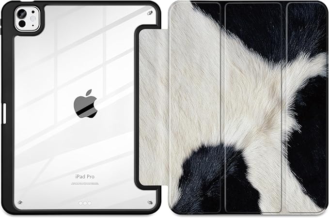 TWOLSKOO Case for iPad Pro 11-inch (M5 2025 / M4 2024), Clear Acrylic Back with TPU Bumper, Pencil Holder, Trifold Stand, Auto Sleep/Wake, Cow Print